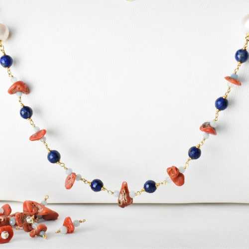 Collana di corallo acquamarina perle e lapislazzuli