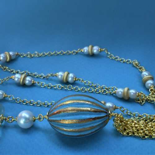 Collana sautoir con perle e ceramica dipinta oro 24k
