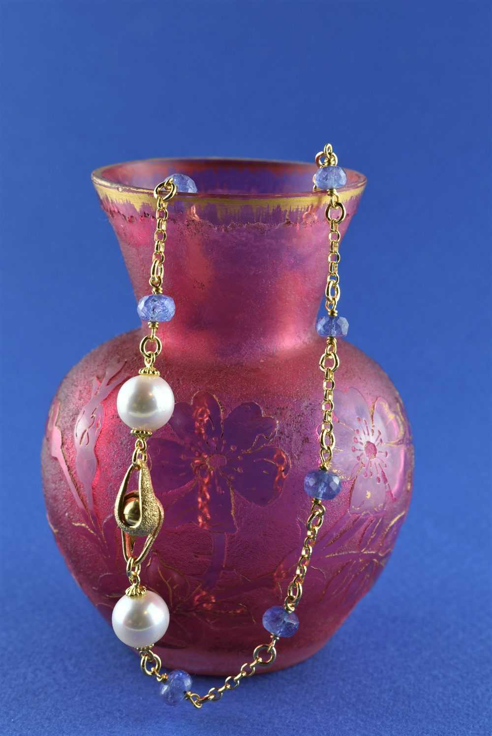 Collana donna a rosario in argento 925 placcato oro 18k intervallata con rondelle sfaccettate di tanzanite e perle