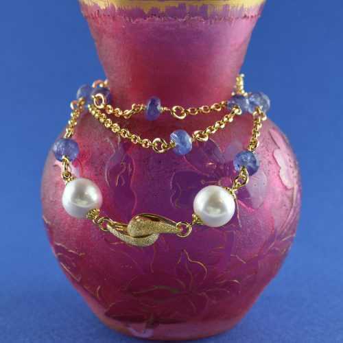 Collana donna a rosario in argento 925 placcato oro 18k intervallata con rondelle sfaccettate di tanzanite e perle