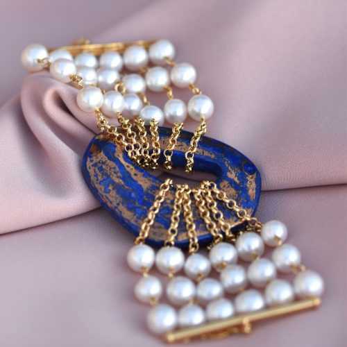 Bracciale donna multifilo con perle e lapislazzuli dipinto con oro 24k